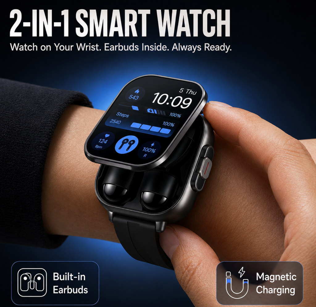 2-in-1 Smartwatch with Built-In Wireless Earbuds