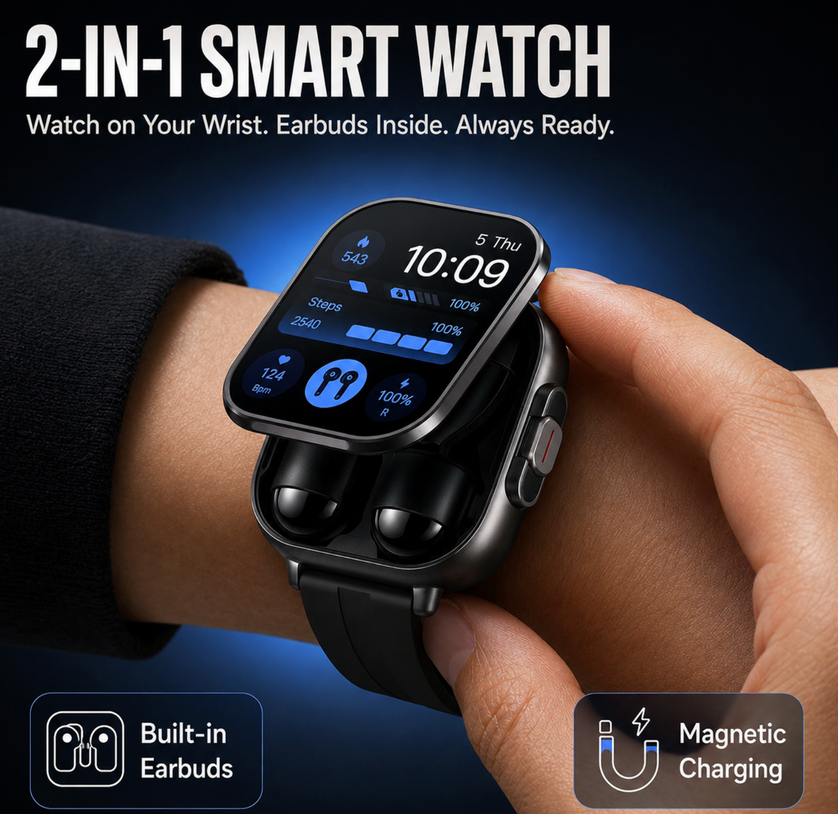 2-in-1 Smartwatch with Built-In Wireless Earbuds