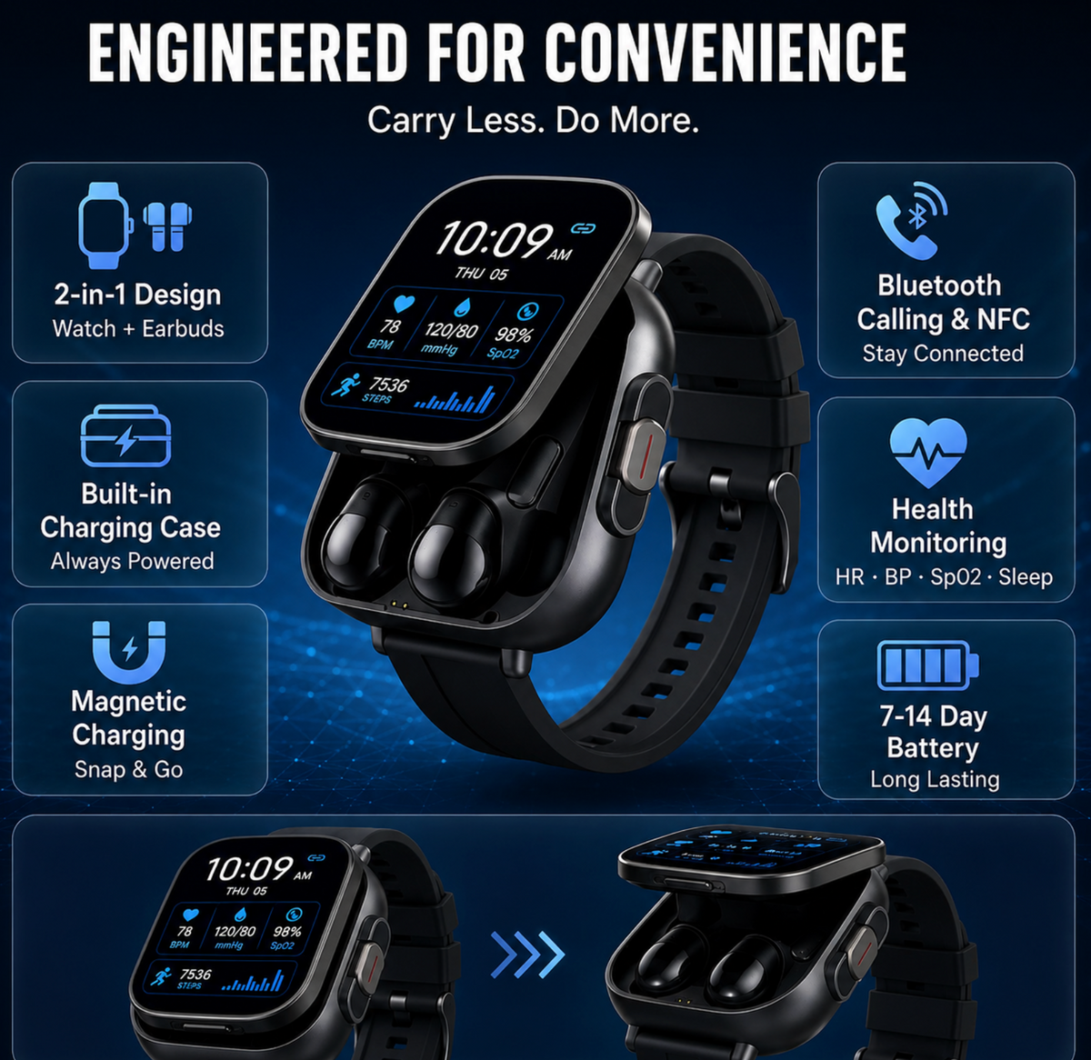 2-in-1 Smartwatch with Built-In Wireless Earbuds